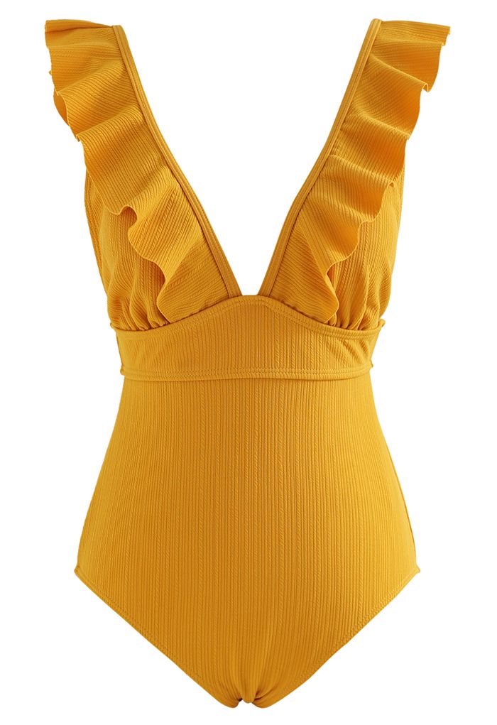 Deep-V Lace-Up Ruffle Swimsuit in Mustard