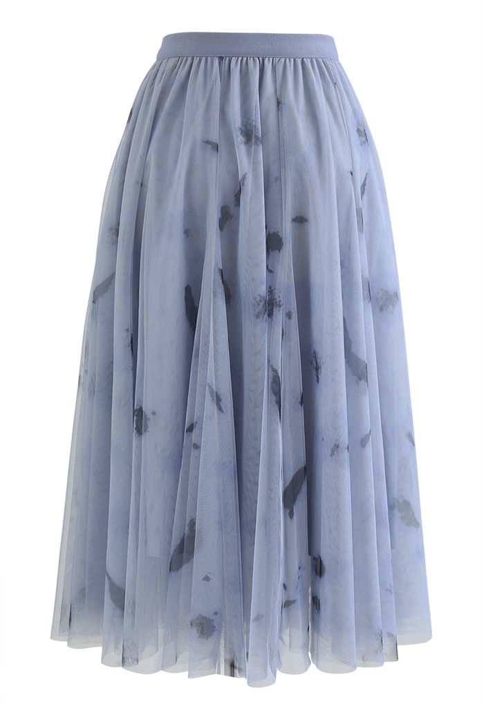 Splash-Ink Panelled Mesh Tulle Midi Skirt in Dusty Blue