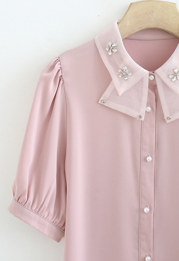Crystal Flower Button Down Satin Shirt in Pink