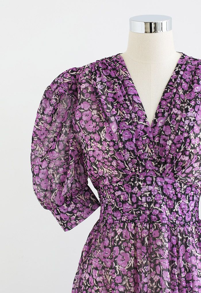 Floret Print V-Neck Frilling Maxi Dress in Purple