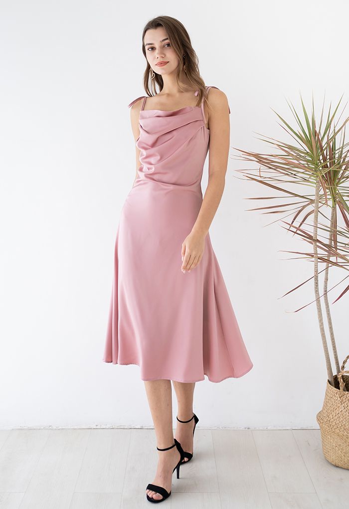 Ruched Cowl Neck Satin Cami Dress in Pink