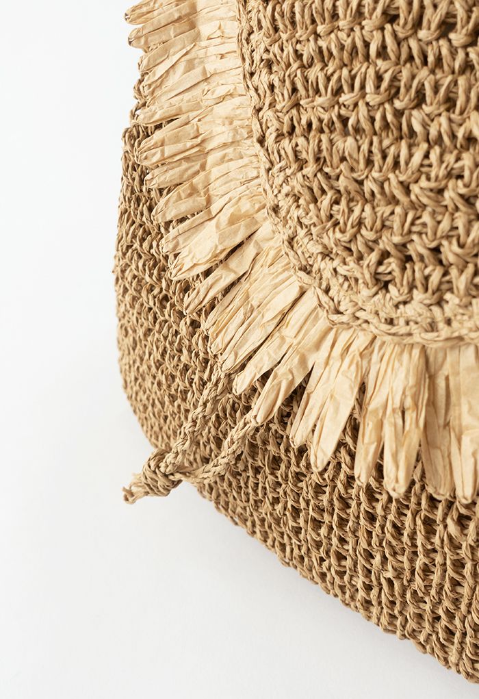 Fringed Trim Woven Straw Backpack in Caramel