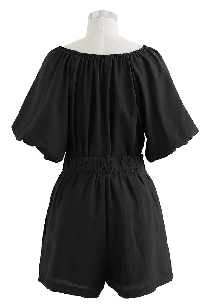Bubble Sleeve Smock Top and Shorts Set in Black