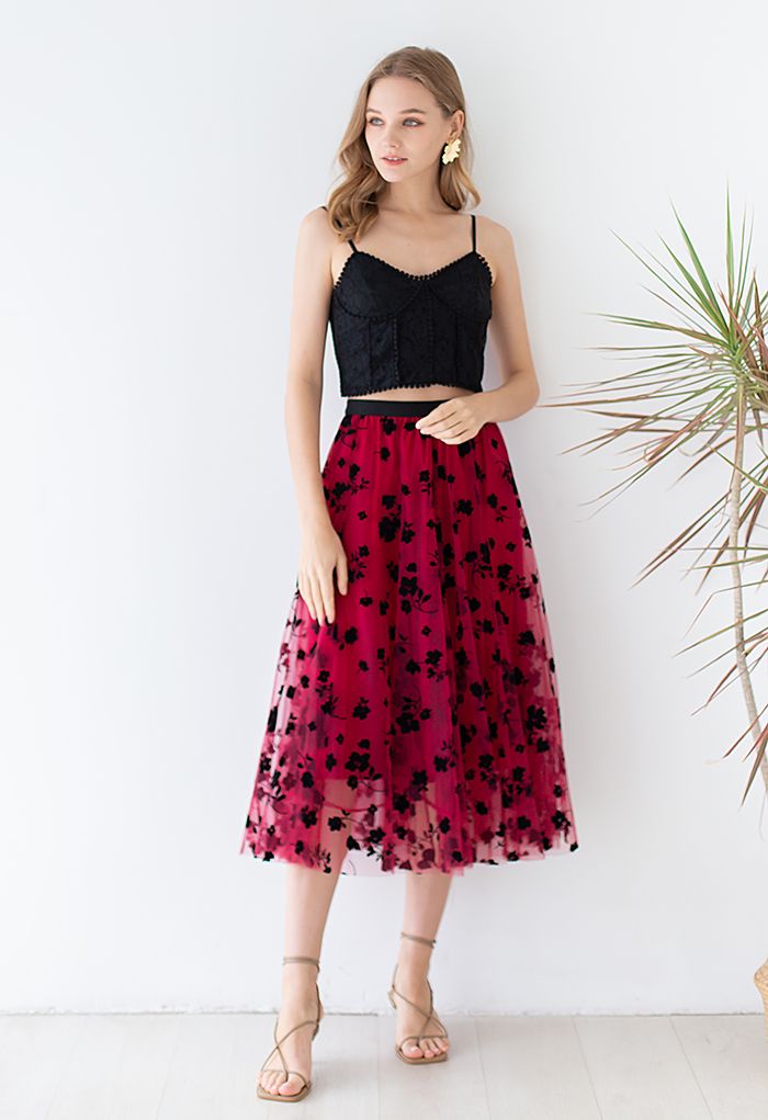 3D Posy Double-Layered Mesh Midi Skirt in Red