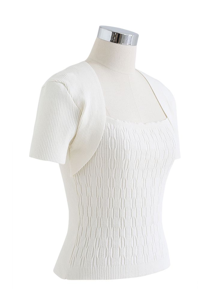 Square Neck Contrast Ribbed Knit Top in White