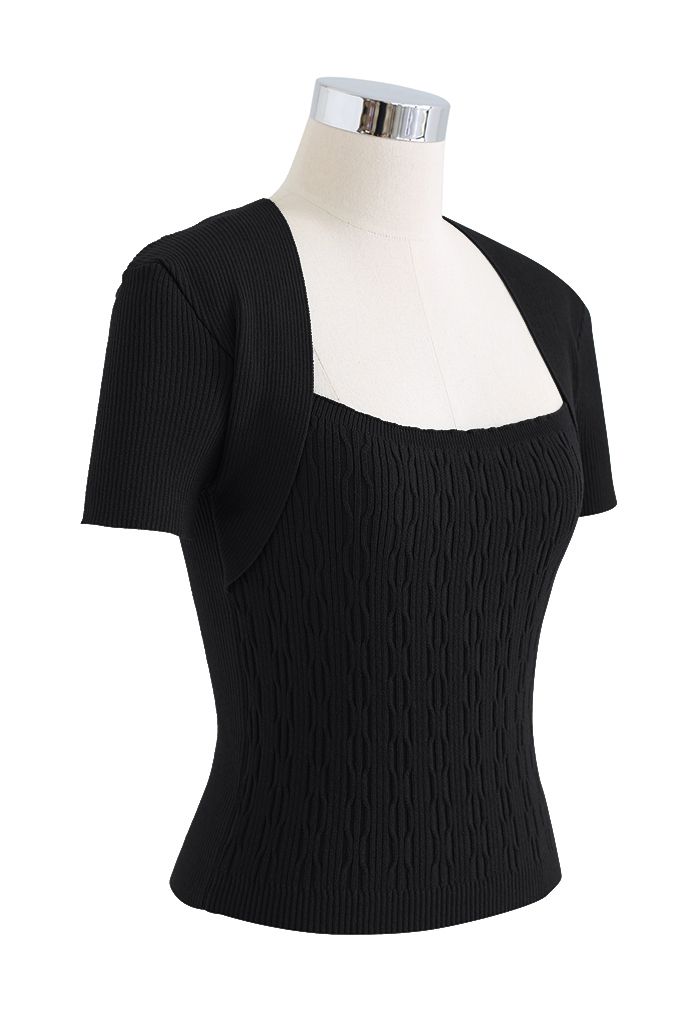 Square Neck Contrast Ribbed Knit Top in Black