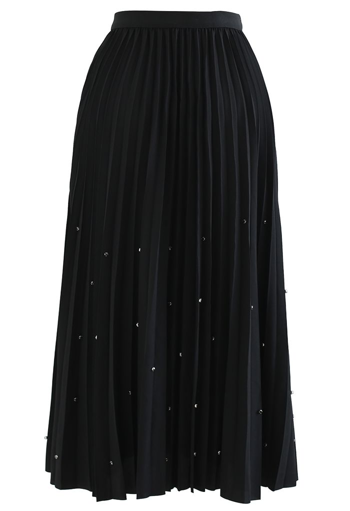 Scattered Gems Pleated Midi Skirt in Black
