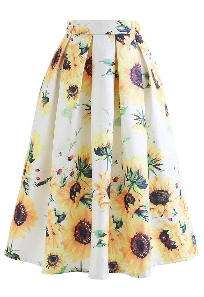 Glittery Sunflower Pleated Midi Skirt