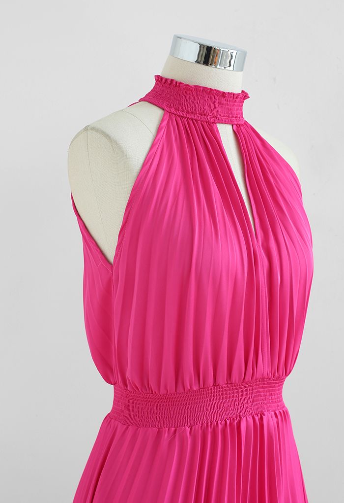 Halter Neck Pleated Asymmetric Maxi Dress in Magenta