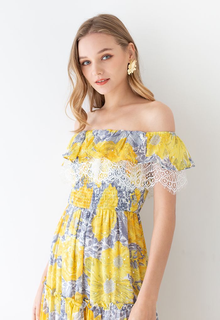 Blossom Lacy Off-Shoulder Shimmery Dot Midi Dress in Yellow