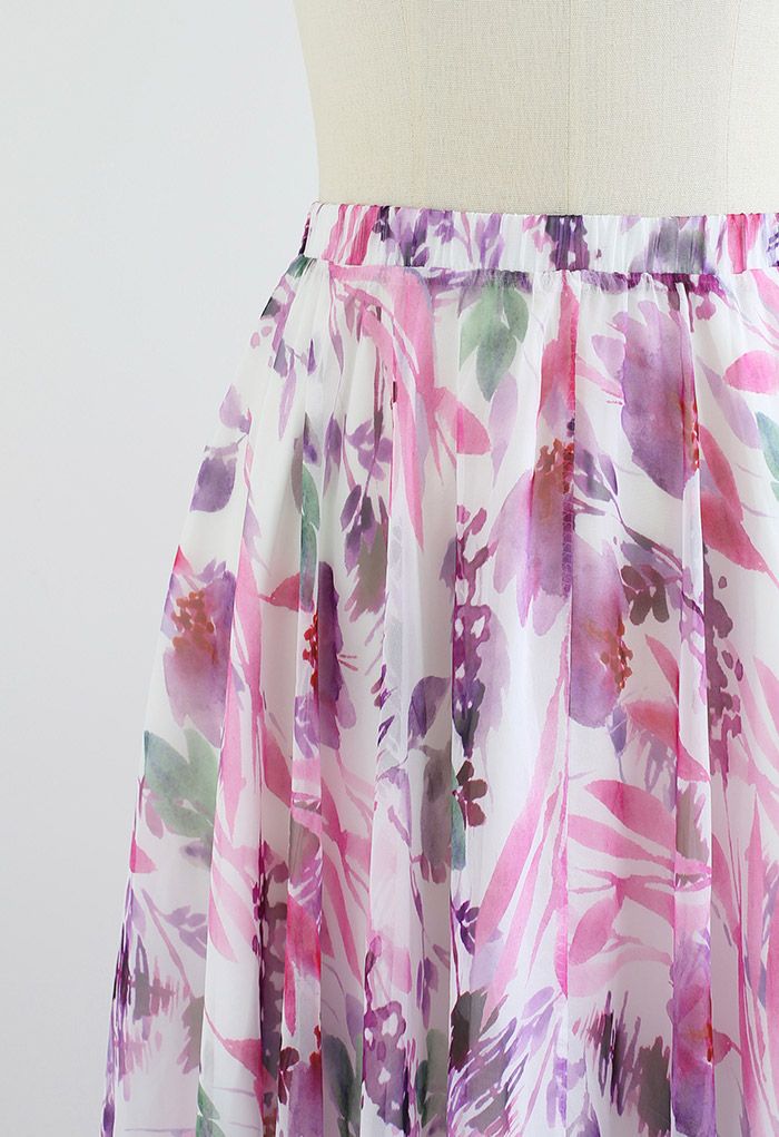 Plum Floral Watercolor Chiffon Maxi Skirt