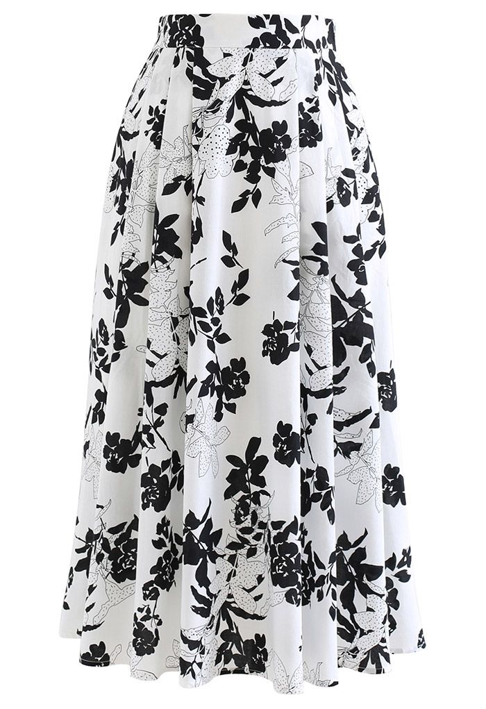 Black Floral Side Pocket Cotton Midi Skirt