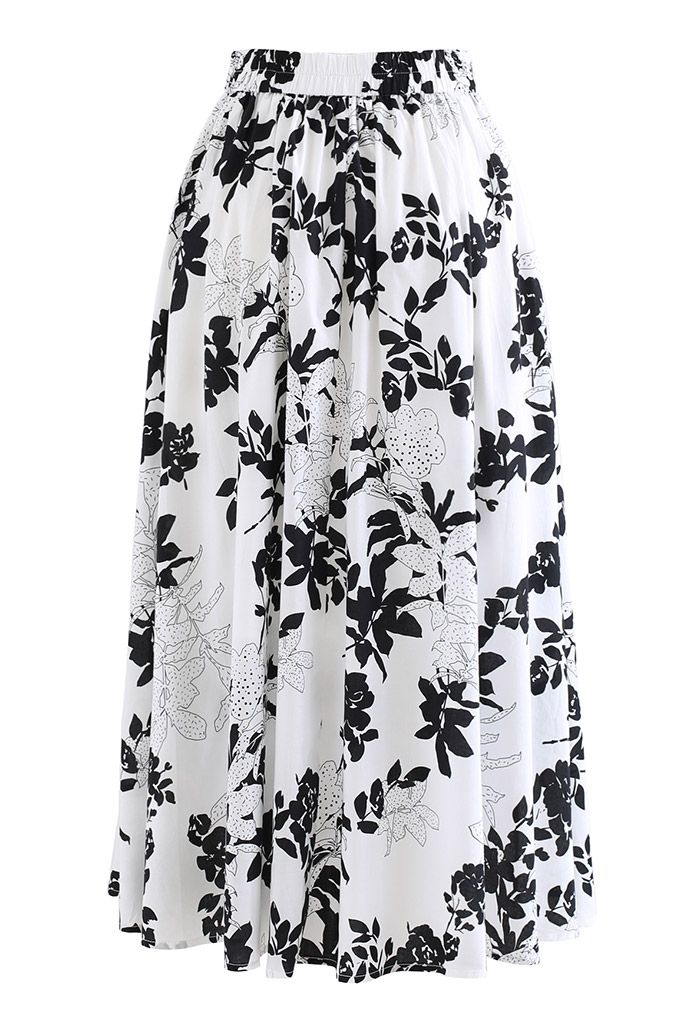 Black Floral Side Pocket Cotton Midi Skirt
