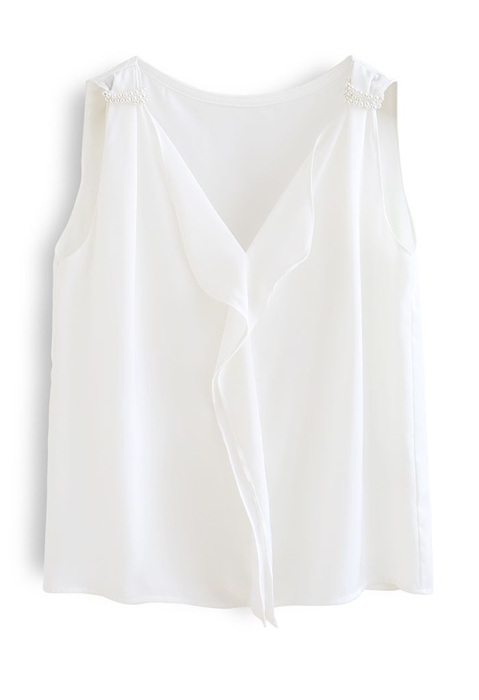 Pearl Decorated Ruffle Neck Sleeveless Top in White