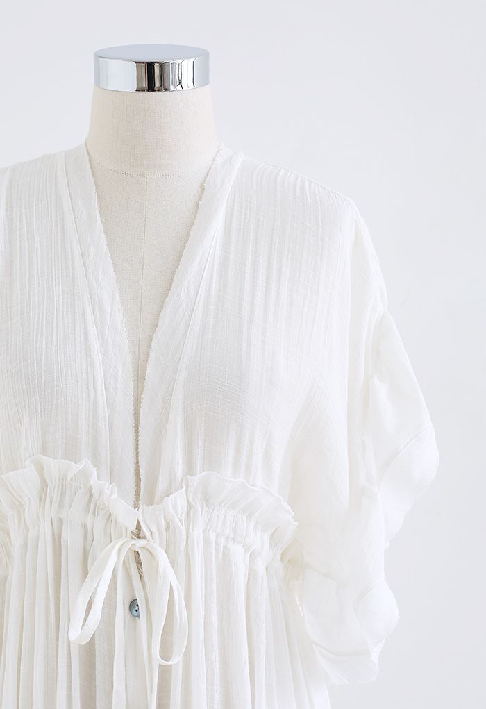 Ruffle Sleeves Deep V-Neck Cover Up in White