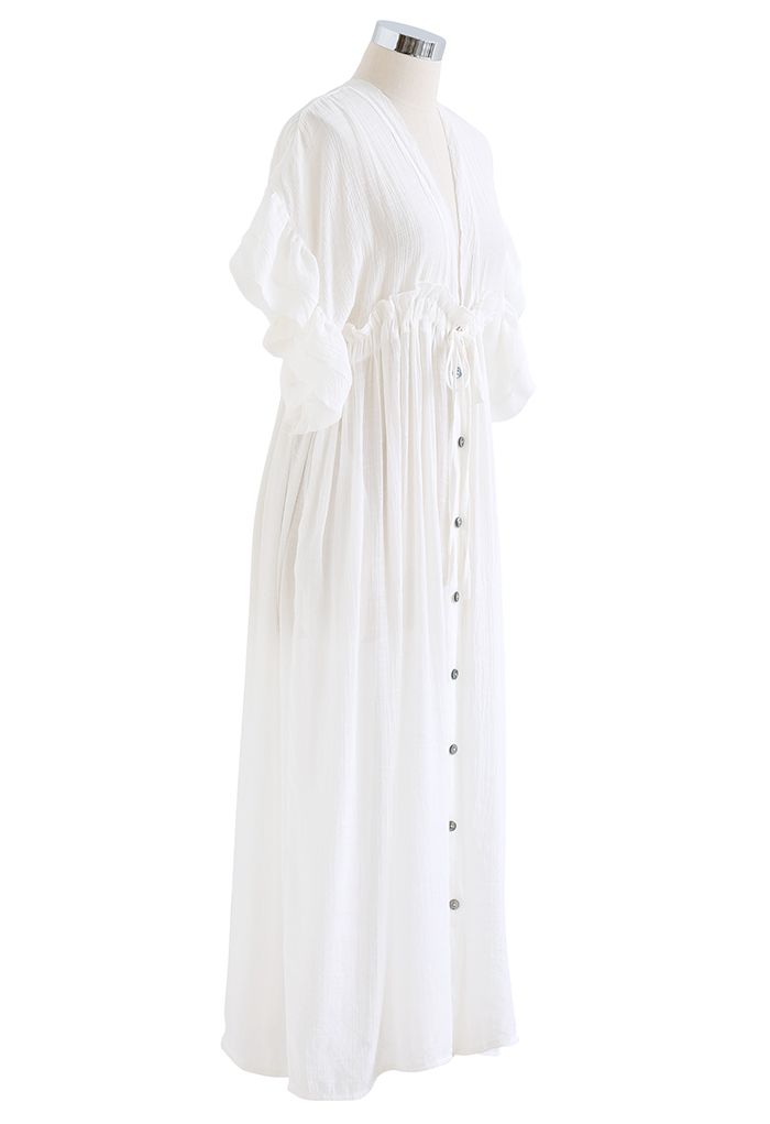 Ruffle Sleeves Deep V-Neck Cover Up in White