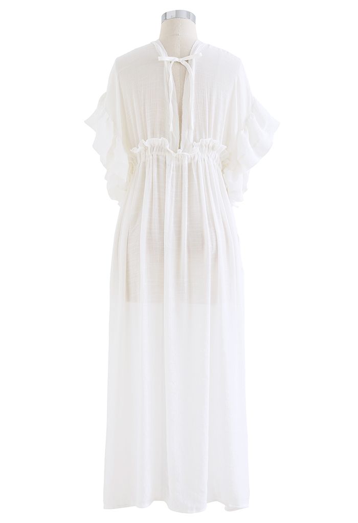 Ruffle Sleeves Deep V-Neck Cover Up in White