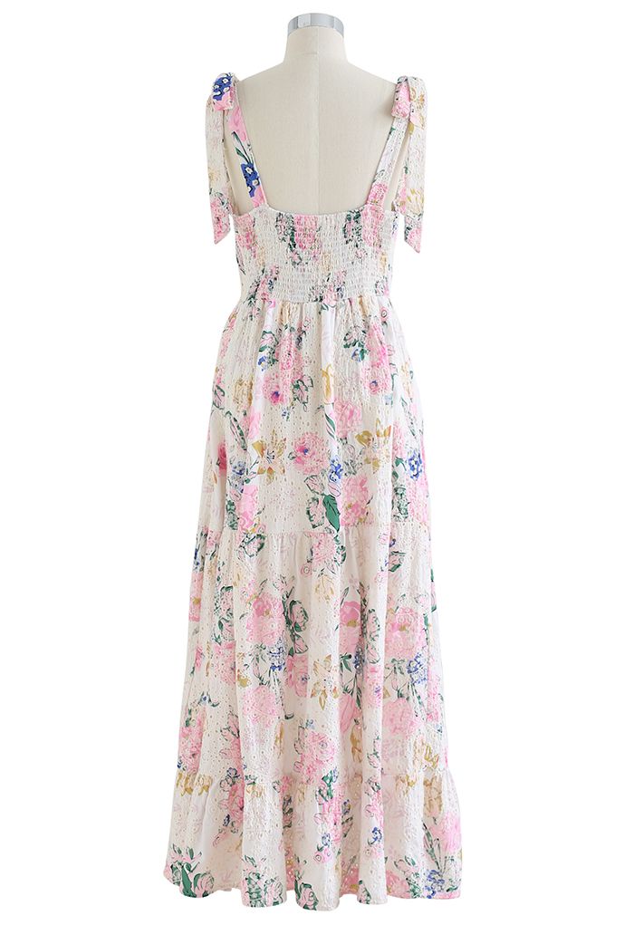 Pink Floral Embroidered Eyelet Tie-Strap Maxi Dress - Retro, Indie and ...