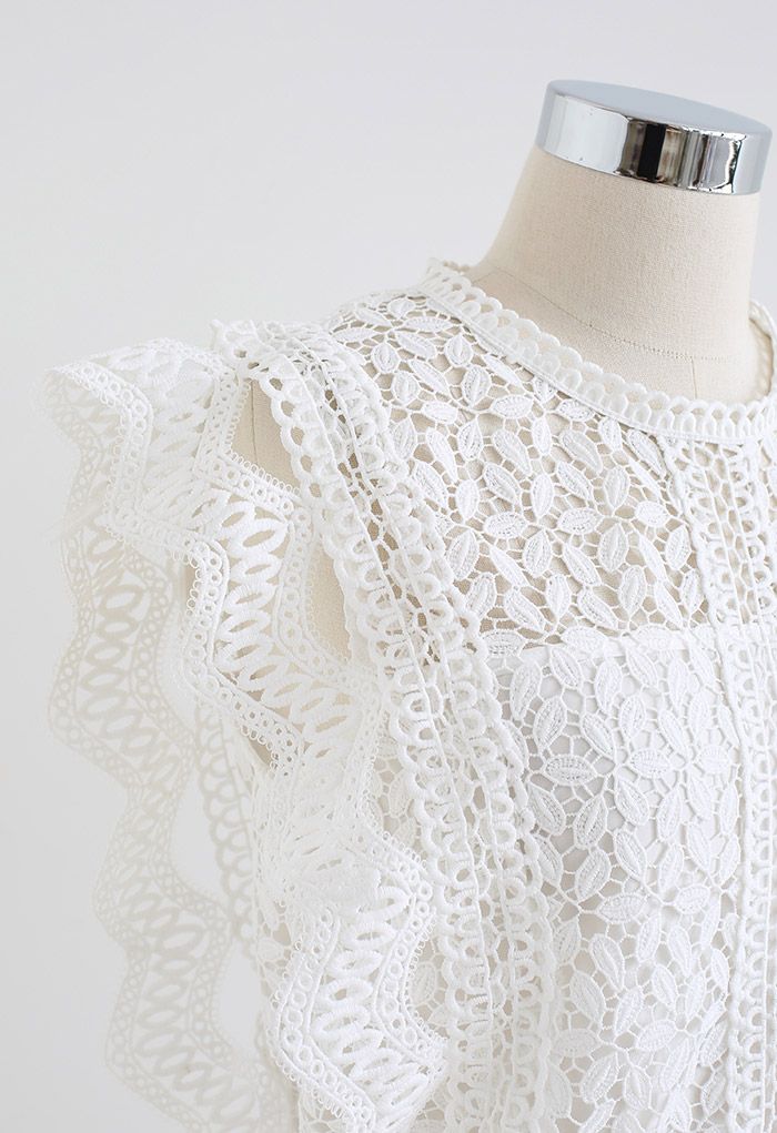 Falling Leaf Crochet Sleeveless Top in White