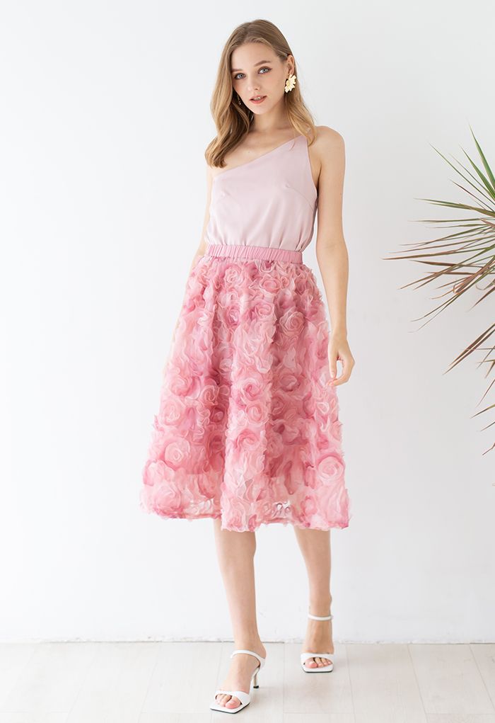 3D Pinky Rose Mesh Tulle Skirt