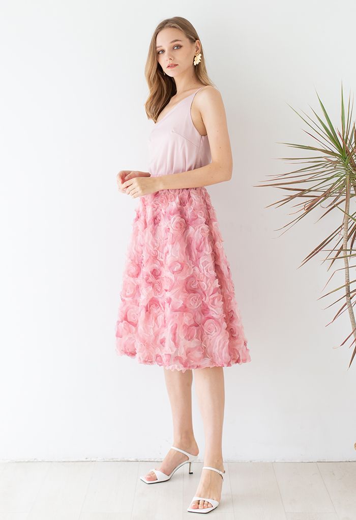 3D Pinky Rose Mesh Tulle Skirt