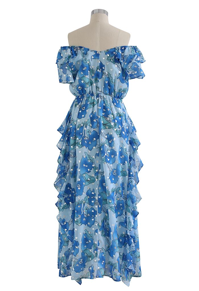 Silver Heart Off-Shoulder Ruffle Floral Maxi Dress in Blue