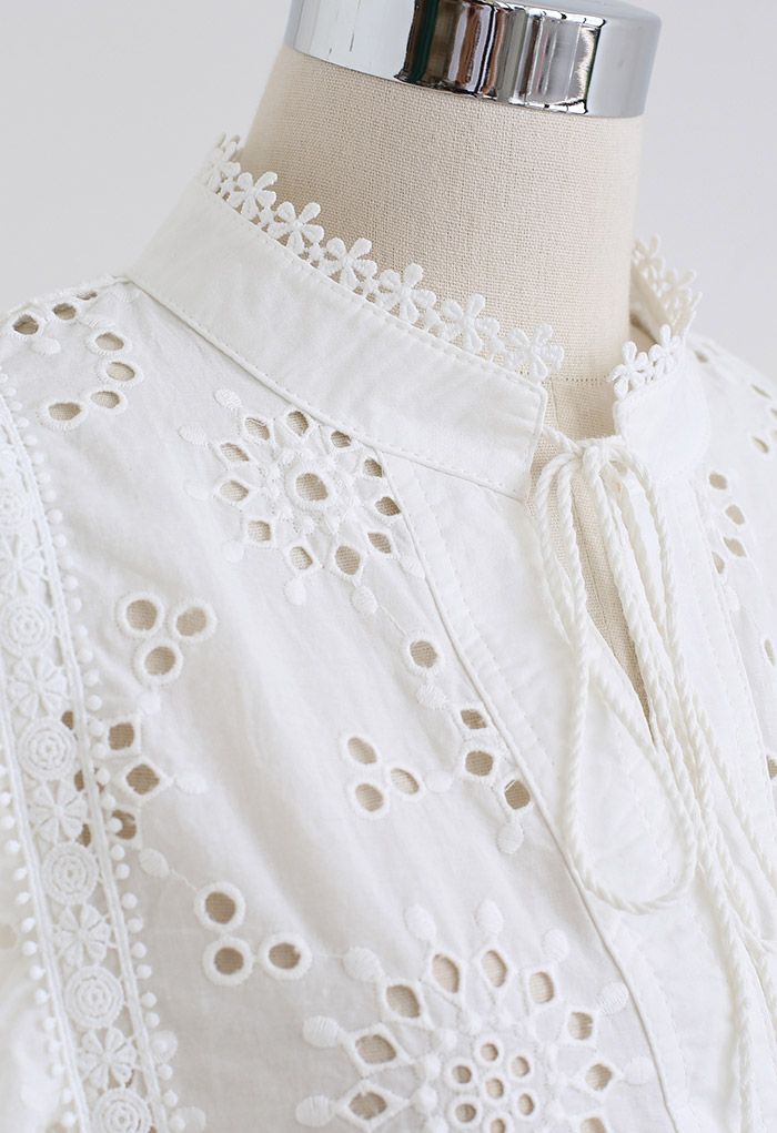 Ruffle Sleeveless Embroidered Eyelet Top in White