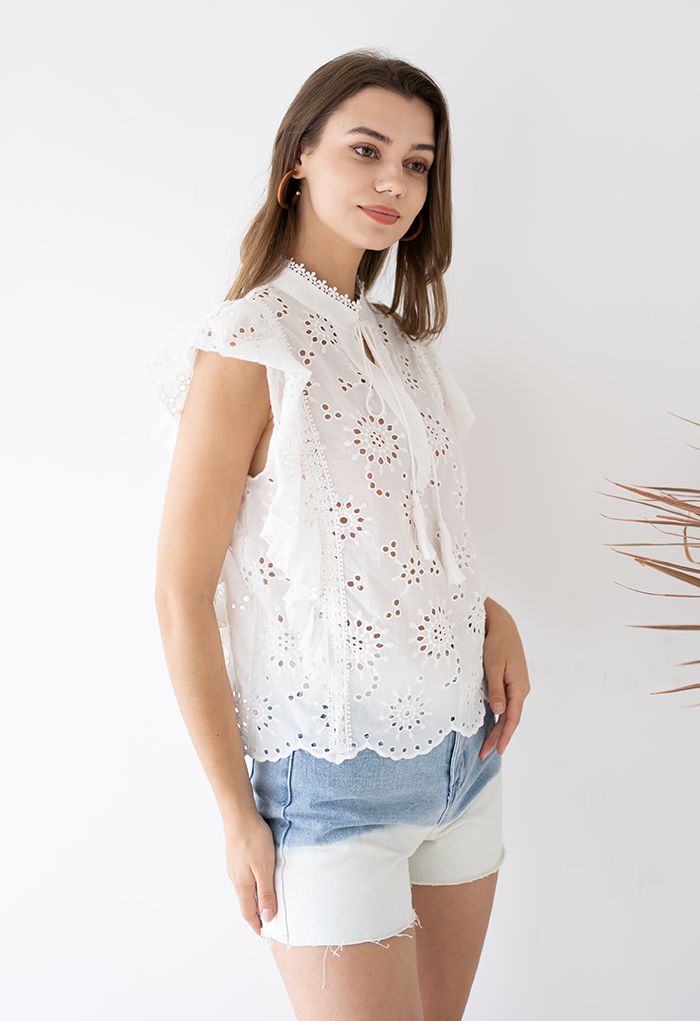Ruffle Sleeveless Embroidered Eyelet Top in White