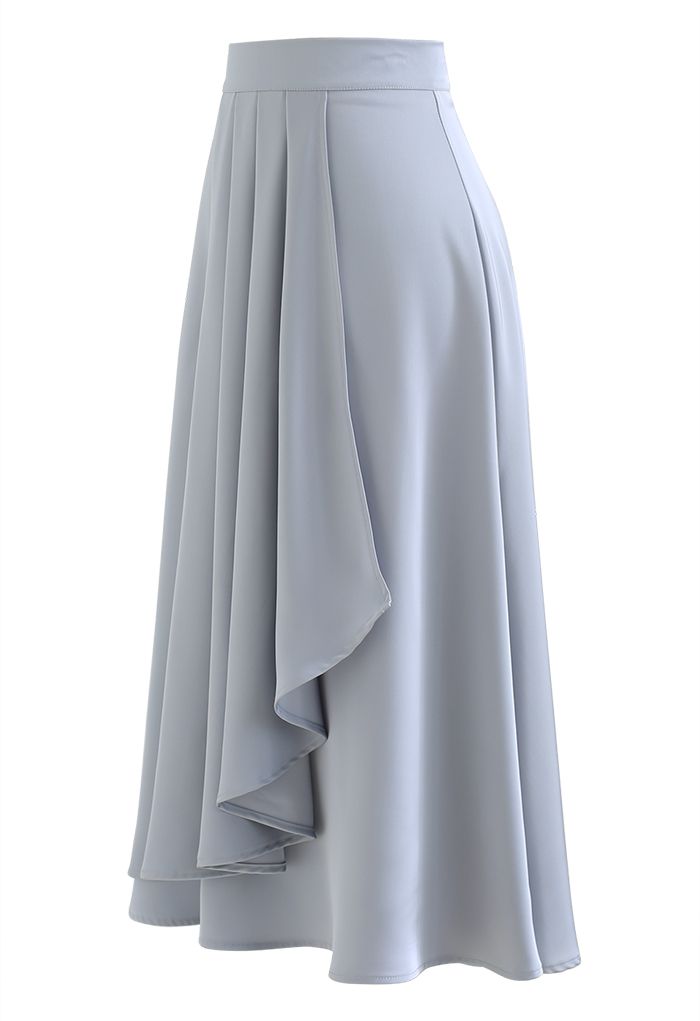 Flowy Satin Pleated Flap Midi Skirt in Dusty Blue