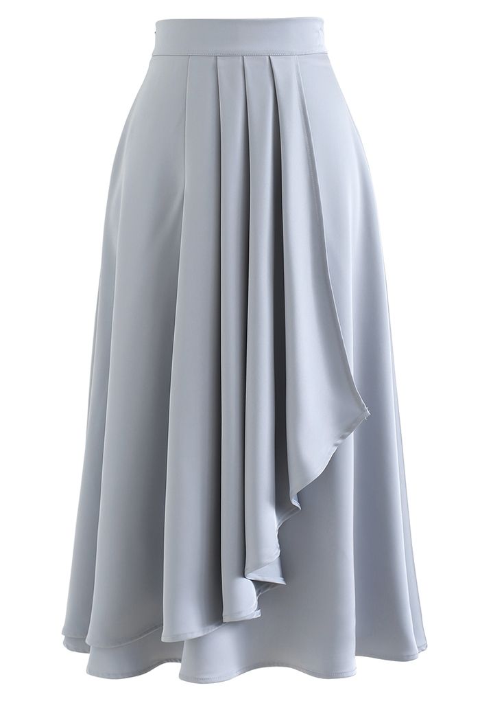 Flowy Satin Pleated Flap Midi Skirt in Dusty Blue