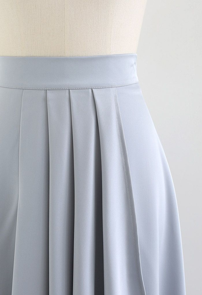 Flowy Satin Pleated Flap Midi Skirt in Dusty Blue