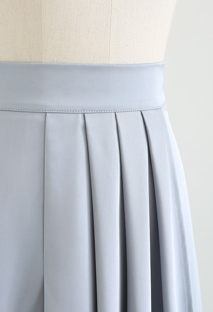 Flowy Satin Pleated Flap Midi Skirt in Dusty Blue