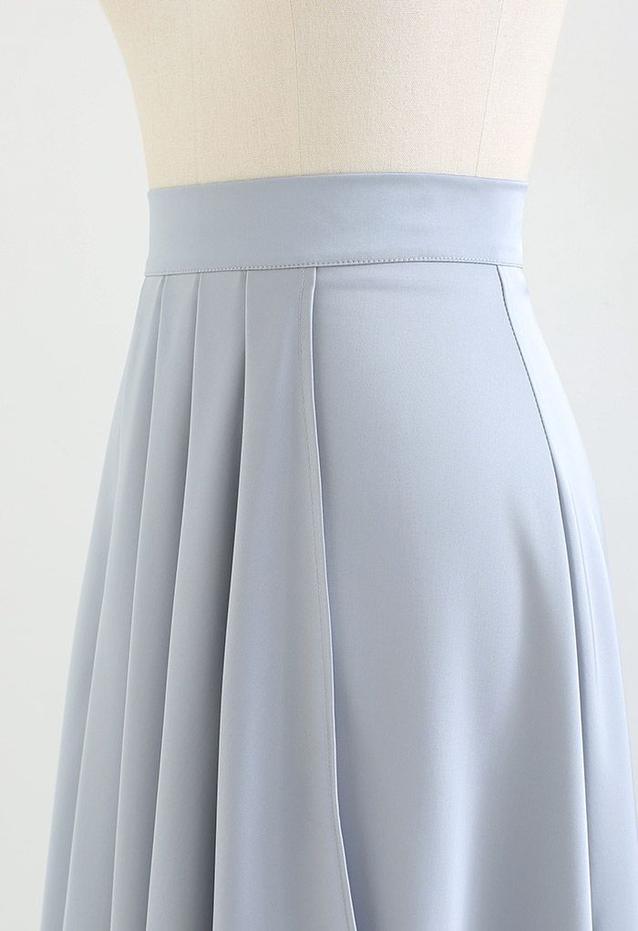 Flowy Satin Pleated Flap Midi Skirt in Dusty Blue