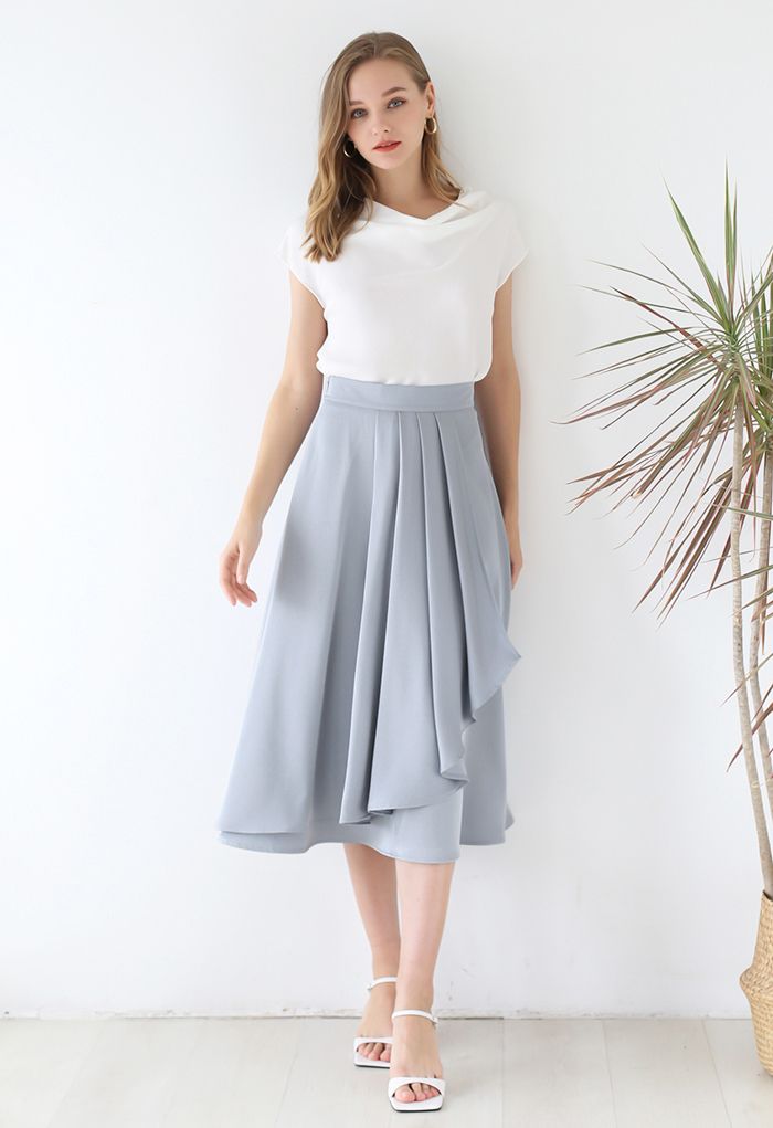 Flowy Satin Pleated Flap Midi Skirt in Dusty Blue