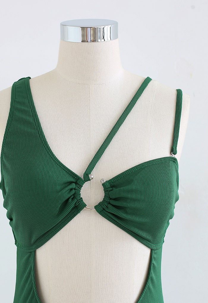 Dark Green Asymmetric Straps Cutout Swimsuit