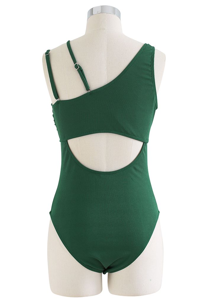 Dark Green Asymmetric Straps Cutout Swimsuit