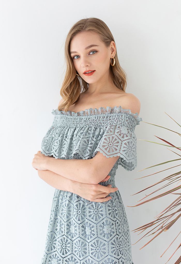 Lacy Off-Shoulder Floral Cutwork Dress in Dusty Blue