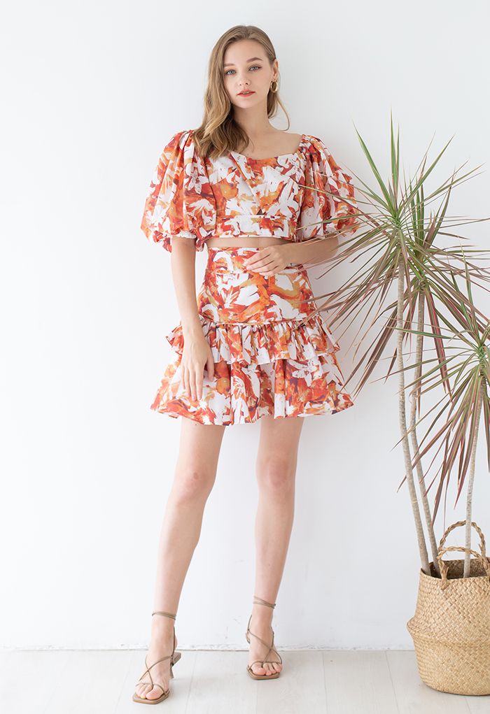 Maple Painting Bubble Sleeve Top and Tiered Ruffle Skirt Set