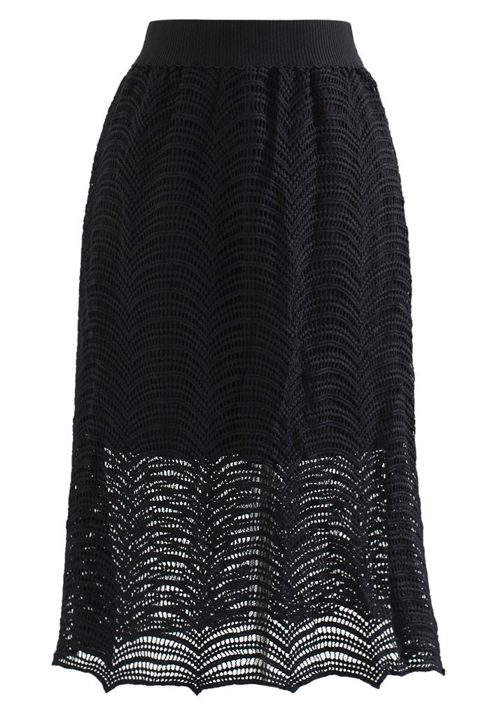 Ripple Crochet High Waist Midi Skirt in Black
