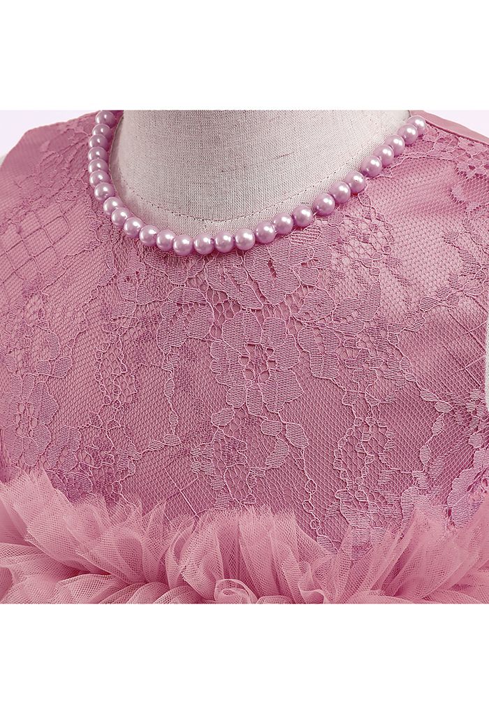 Floral Lace Ruffle Mesh Princess Dress in Pink For Kids