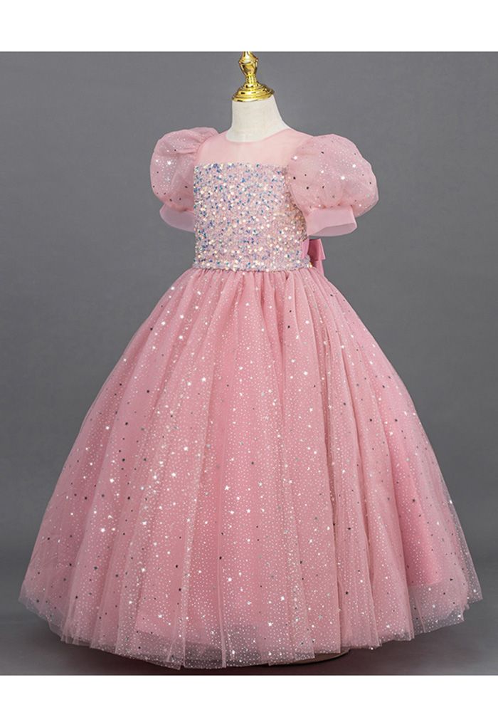 Glitter Sequin Tulle Dress in Pink For Kids