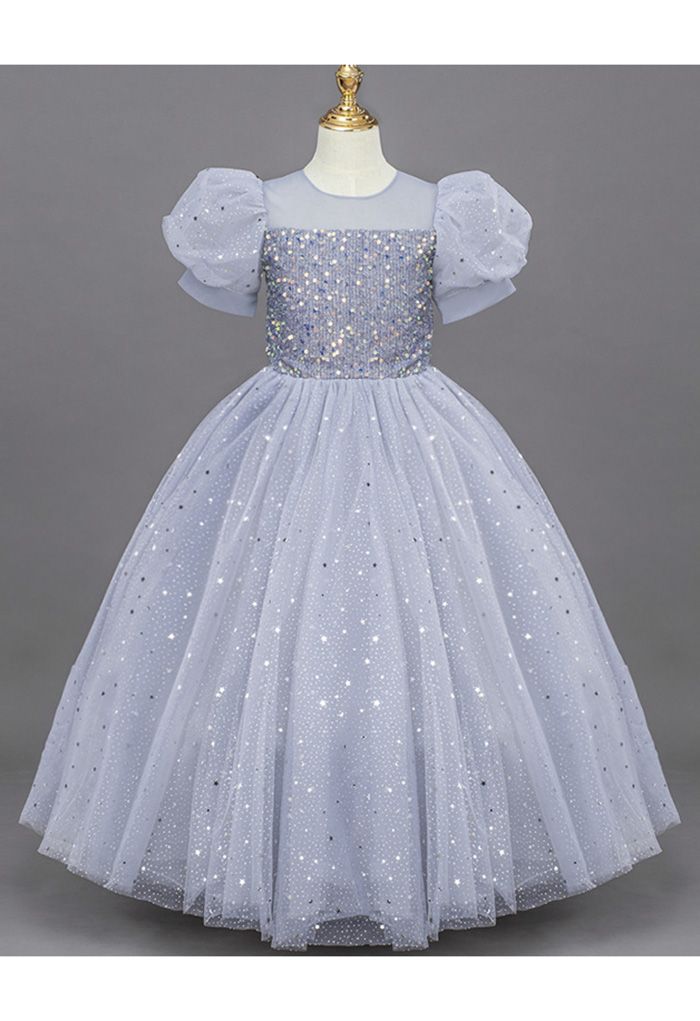Glitter Sequin Tulle Dress in Baby Blue For Kids