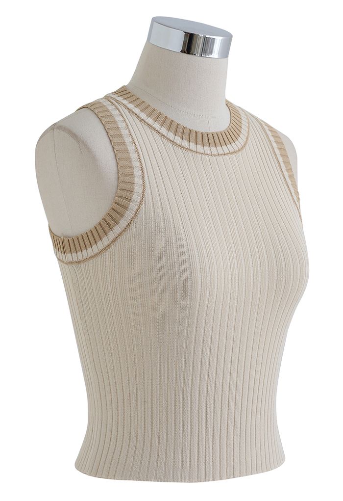 Two-Tone Ribbed Knit Tank Top in Sand