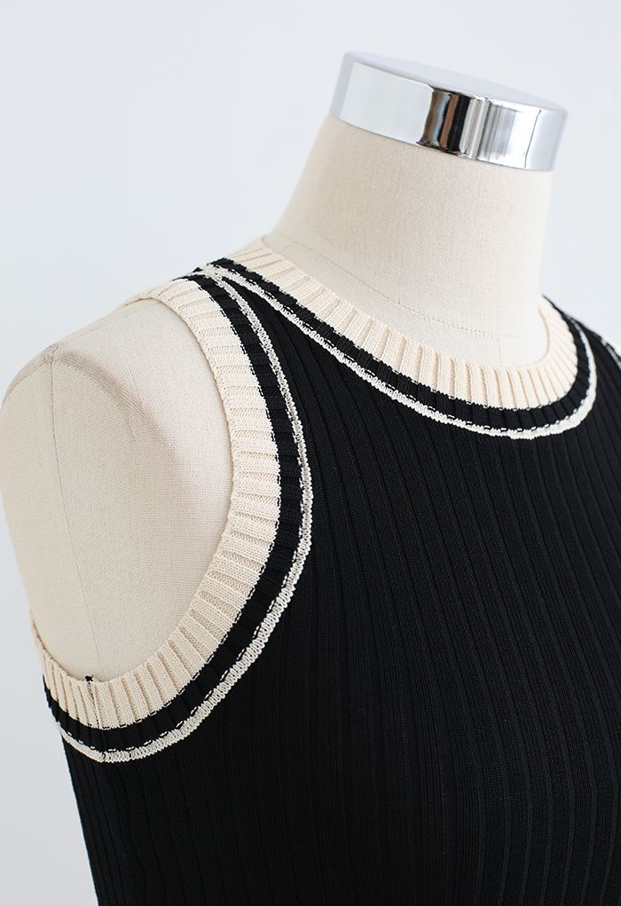Two-Tone Ribbed Knit Tank Top in Black
