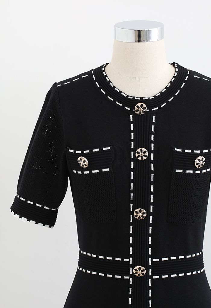Extra Chic Button Embellished Knit Dress in Black