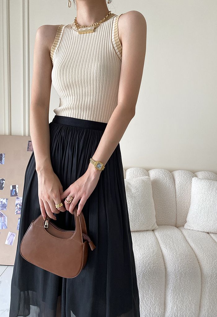 Two-Tone Ribbed Knit Tank Top in Sand