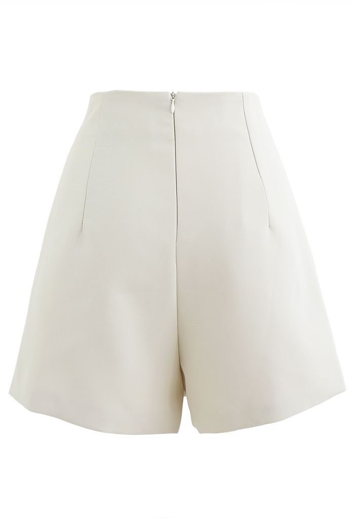 Flap Front Golden Button Trim Skorts in Ivory