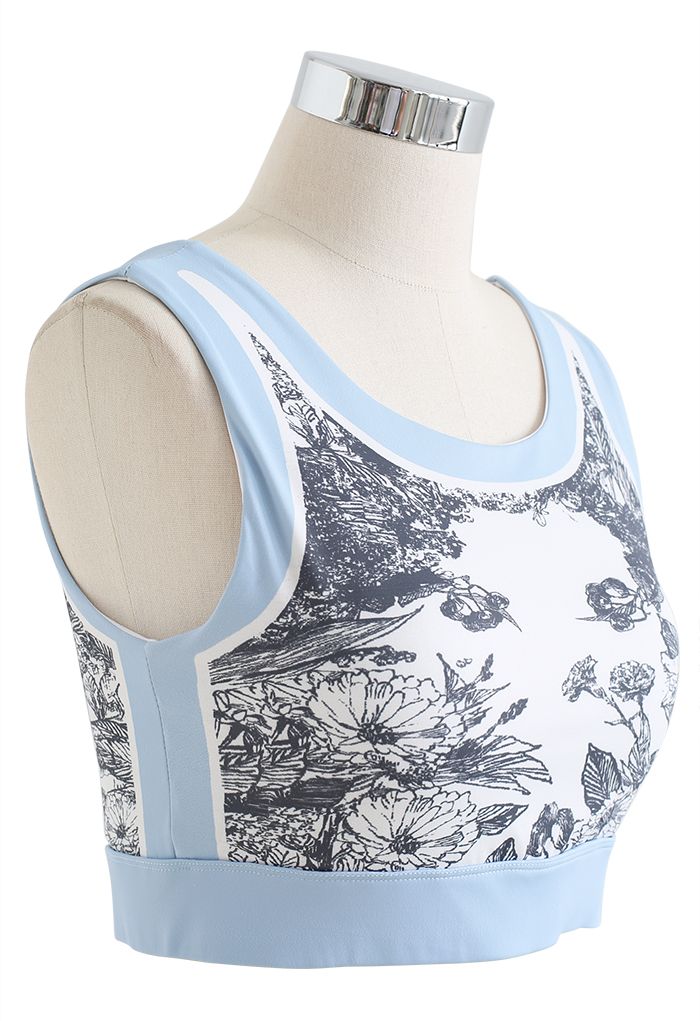 Black Sketch Cutout Back Sports Bra in Baby Blue