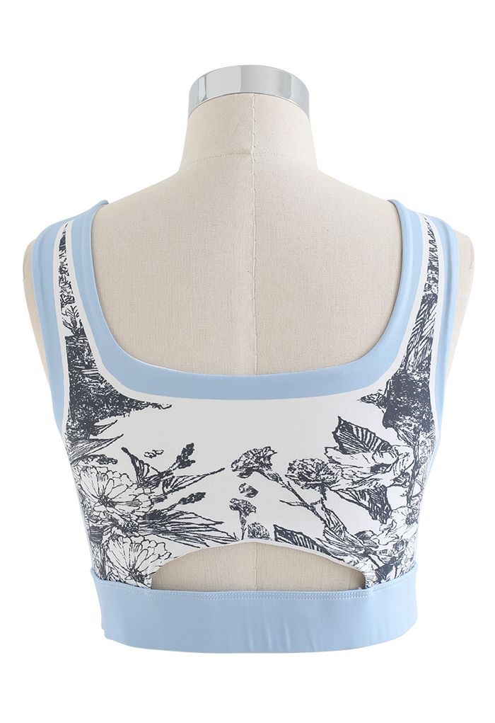 Black Sketch Cutout Back Sports Bra in Baby Blue