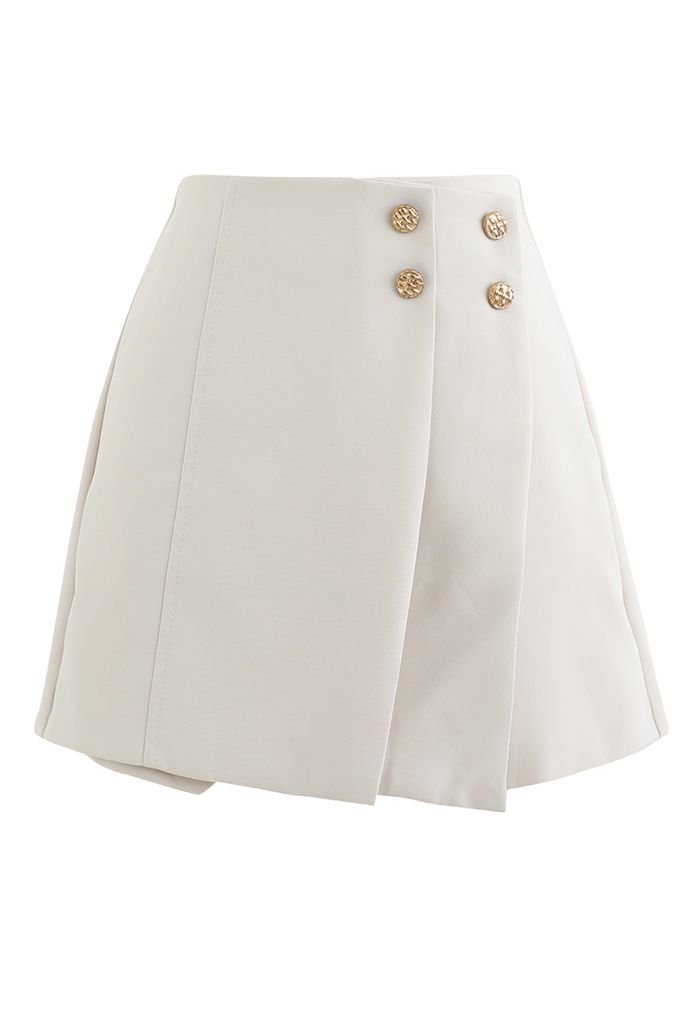 Flap Front Golden Button Trim Skorts in Ivory